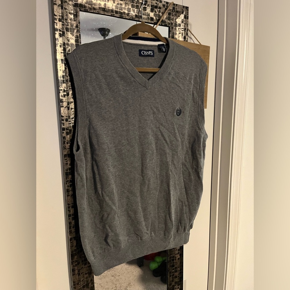 Classic grey Chaps sweater vest. Must have for every man.